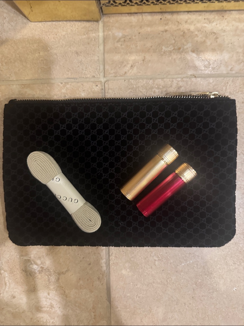 Gucci Bundle of Black Velvet Monogram Zip Pouch, Lipsticks & Laces